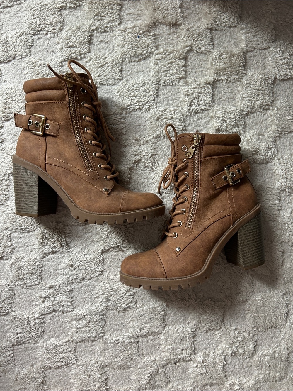 Guess Tan Lace-Up Block Heel Ankle Boots
